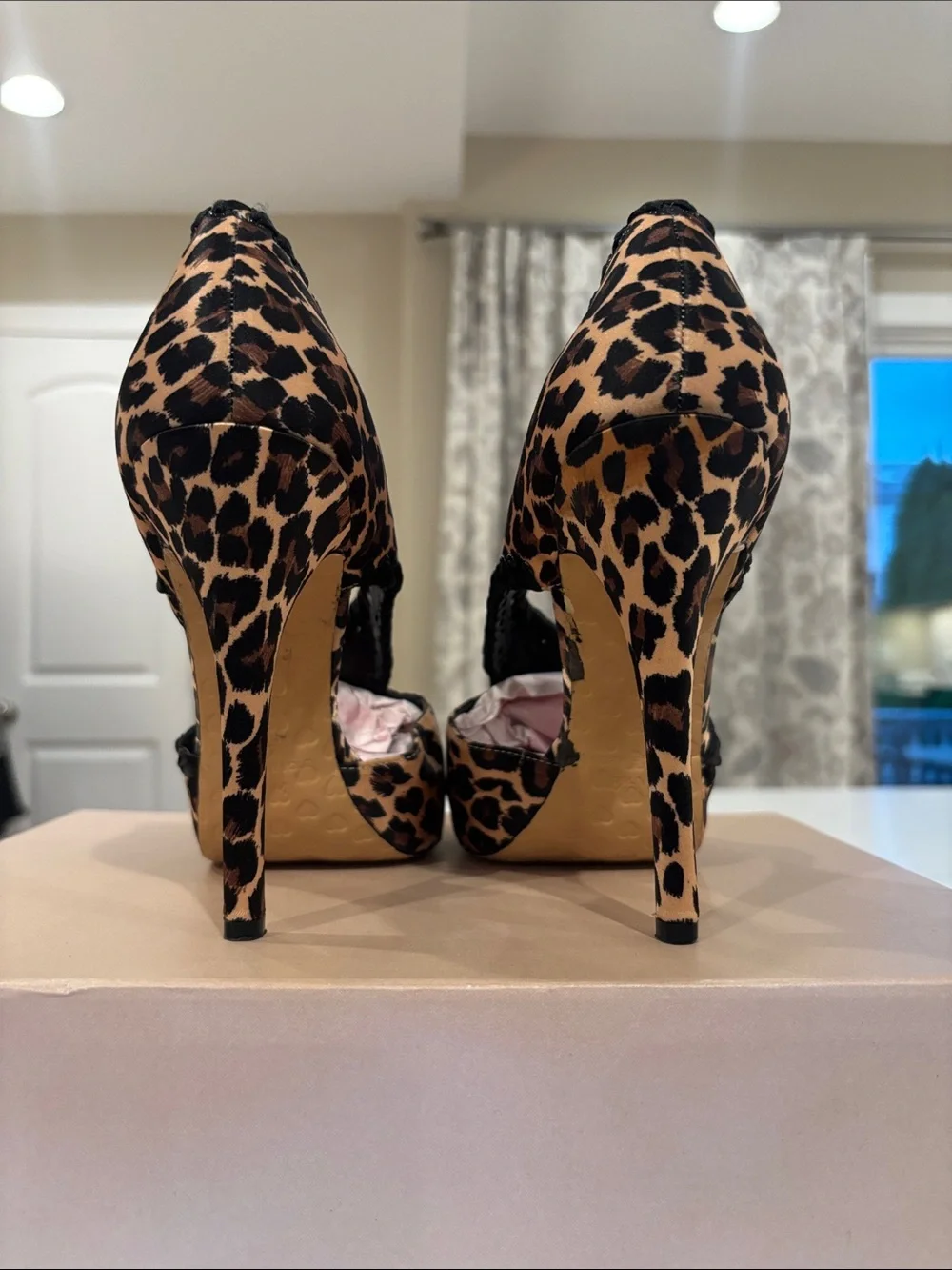 Betsey Johnson Leopard Print Open-Toe Stiletto Heels in Brown and Black